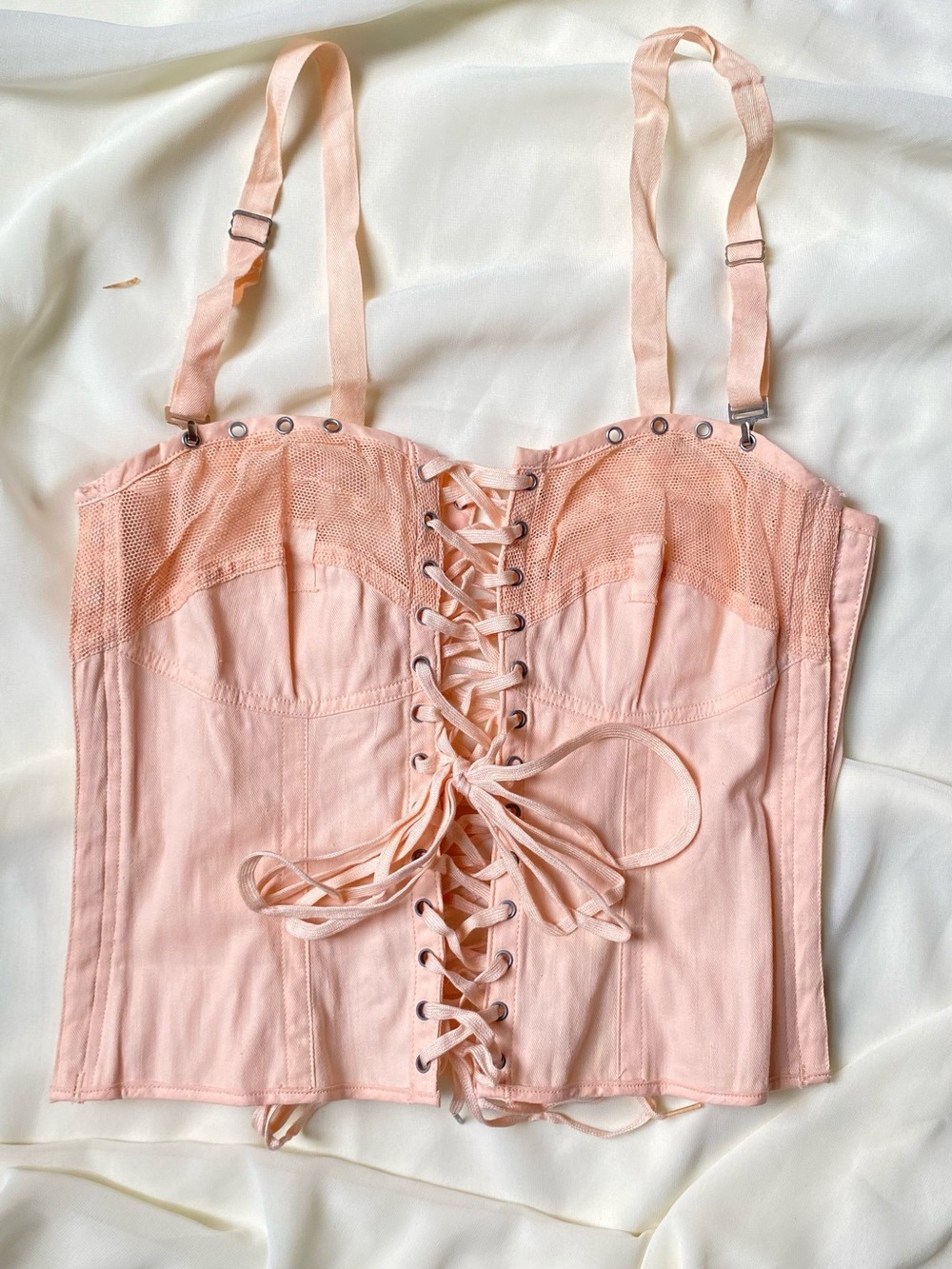 Vintage 1950s 60s Peach Merry Widow Bustier Corset Lace Up Boned Coquette Pinup - Picture 3 of 7